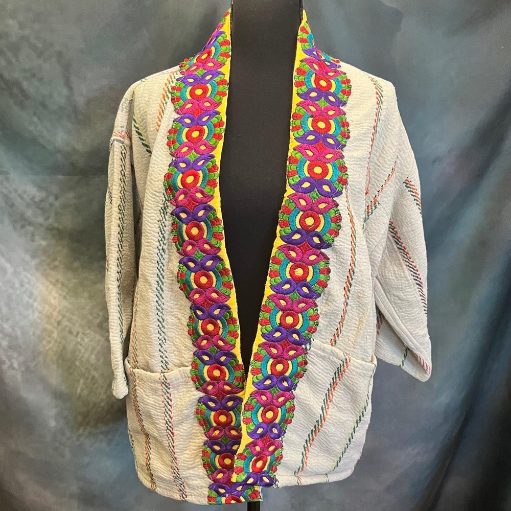 Vintage Embroidered Quilted Kantha Jacket Size Large Open Front‎ Boho Festival